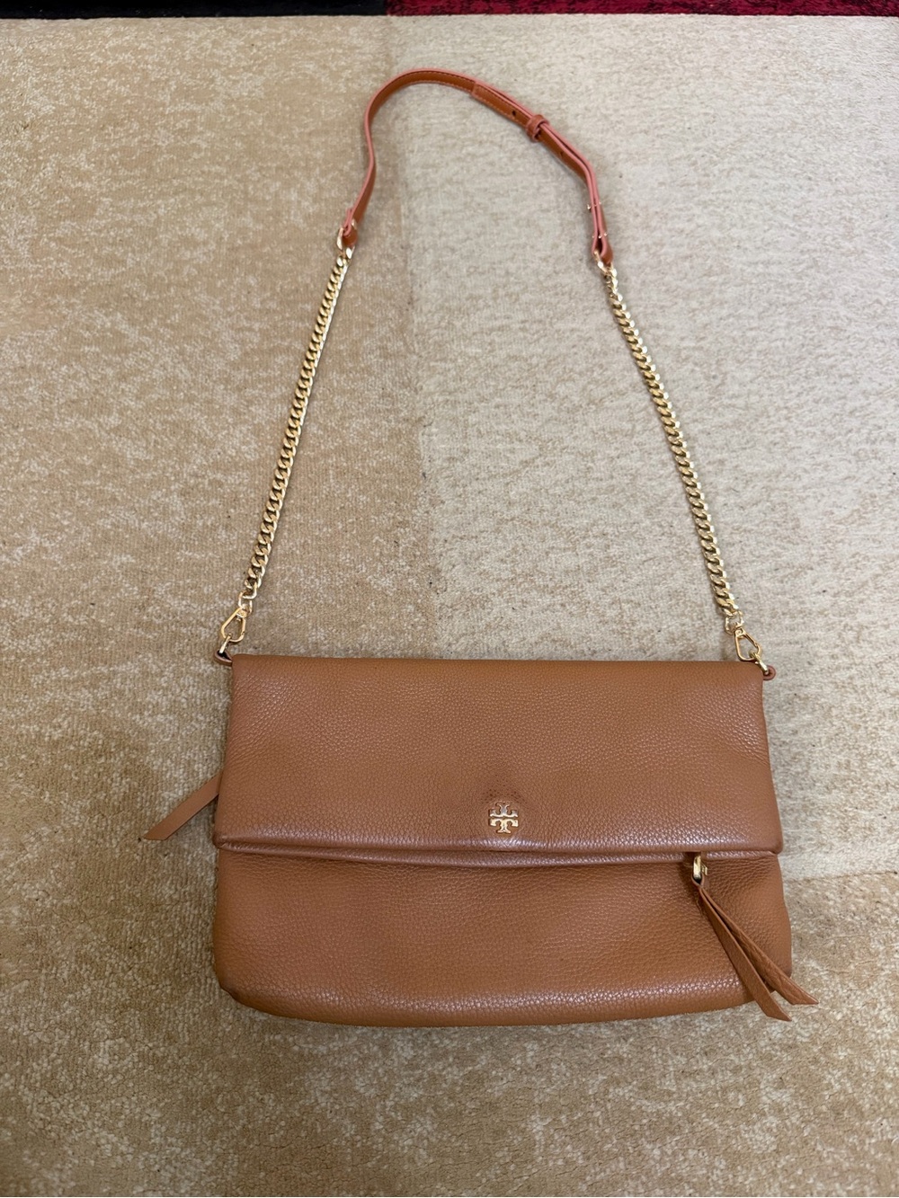 Tory Burch Brown Pebbled Leather Foldover Crossbody Bag Gold Chain
